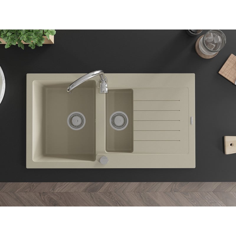 Mexen Matias Granitspüle 1,5-Kammer mit Abtropffläche und Küchenarmatur Telma, beige - 6502-69-670200-00