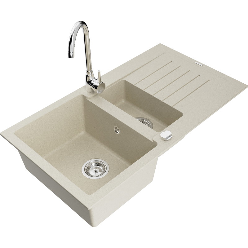 Mexen Matias Granitspüle 1,5-beckig mit Abtropffläche und Küchenarmatur Telma, beige - 6502-69-670200-00