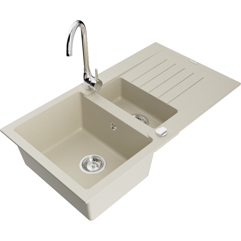Mexen Matias Granitspüle 1,5-Kammer mit Abtropffläche und Küchenarmatur Telma, beige - 6502-69-670200-00