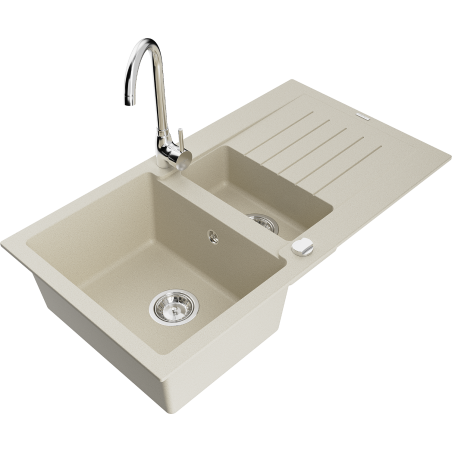 Mexen Matias Granitspüle 1,5-beckig mit Abtropffläche und Küchenarmatur Telma, beige - 6502-69-670200-00