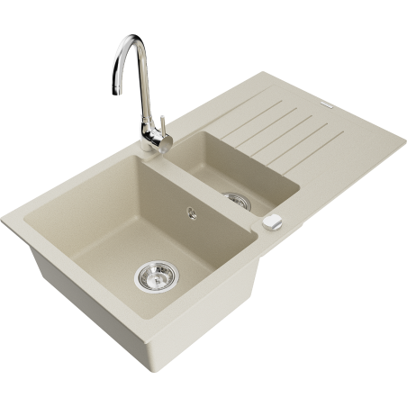 Mexen Matias Granitspüle 1,5-Kammer mit Abtropffläche und Küchenarmatur Telma, beige - 6502-69-670200-00