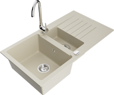 Mexen Matias Granitspüle 1,5-Kammer mit Abtropffläche und Küchenarmatur Telma, beige - 6502-69-670200-00
