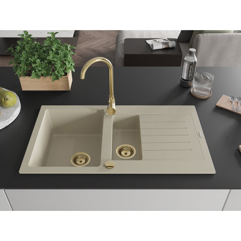 Mexen Matias Granitspüle 1,5-beckig mit Abtropffläche und Küchenarmatur Telma, beige - 6502-69-670200-50