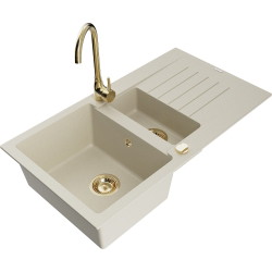 Mexen Matias 1,5-Becken-Granitspüle mit Abtropffläche und Mischbatterie Telma, Beige - 6502-69-670200-50