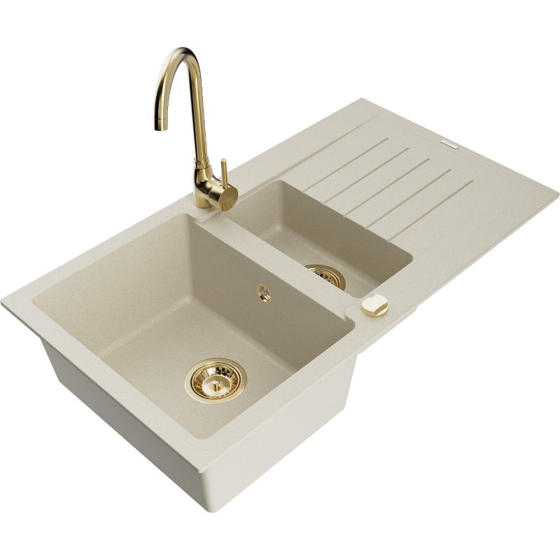 Mexen Matias Granitspüle 1,5-beckig mit Abtropffläche und Küchenarmatur Telma, beige - 6502-69-670200-50