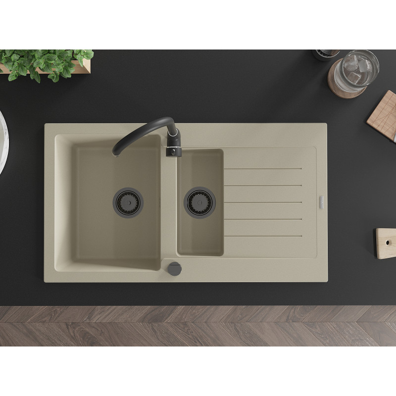 Mexen Matias Granitspüle 1,5-Becken mit Abtropffläche und Küchenarmatur Telma, beige - 6502-69-670200-70