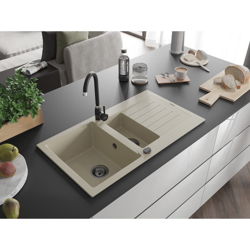 Mexen Matias Granitspüle 1,5-Becken mit Abtropffläche und Küchenarmatur Telma, beige - 6502-69-670200-70