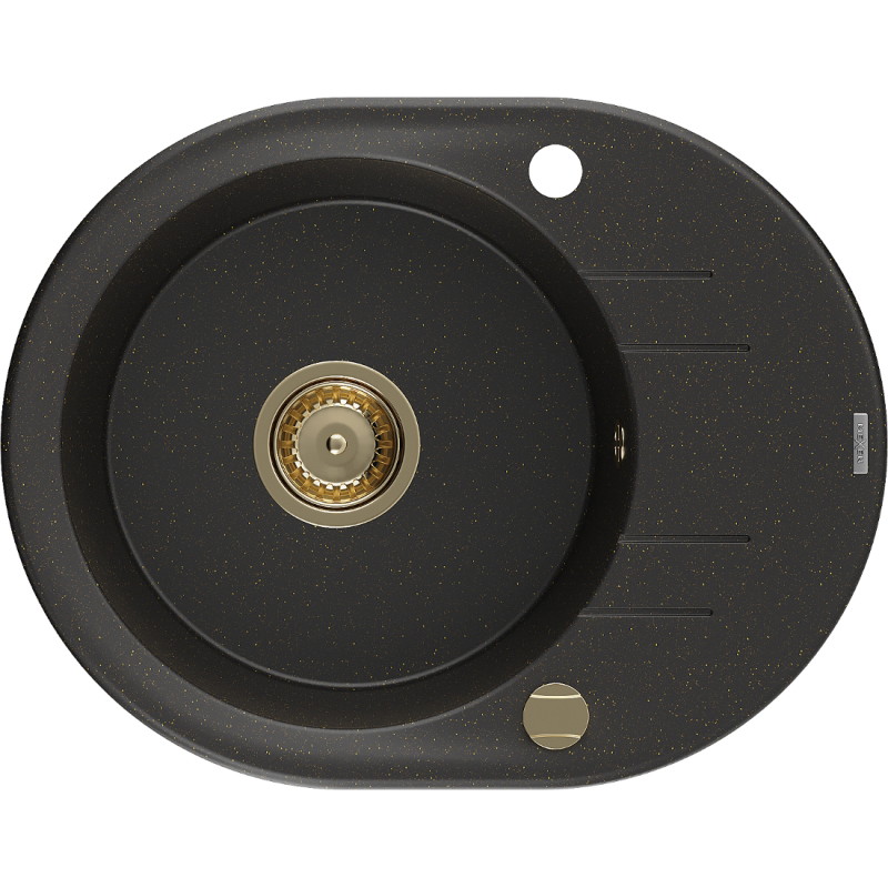Mexen Kevin Granitspüle 1-Becken mit Abtropffläche 586 x 458 mm, schwarz/gold metallic, Siphon gold - 6517581005-75-G