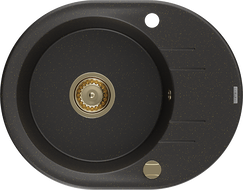 Mexen Kevin Granitspüle 1-Becken mit Abtropffläche 586 x 458 mm, schwarz/gold Metallik, goldener Siphon - 6517581005-75-G