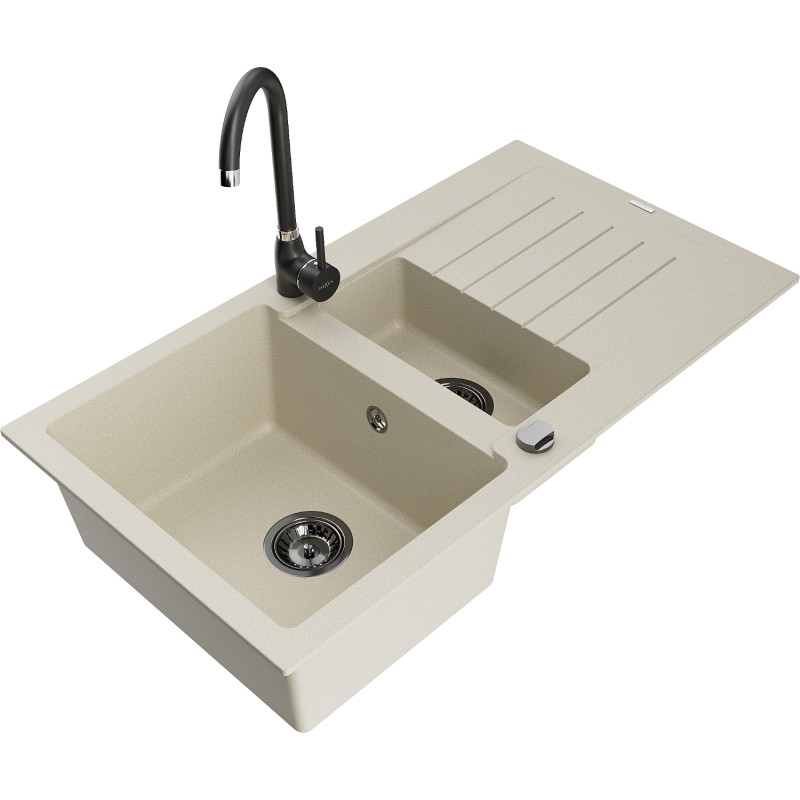 Mexen Matias granitspüle 1,5-kammern mit abtropfbrett und küchenarmatur Telma, beige - 6502-69-670200-70