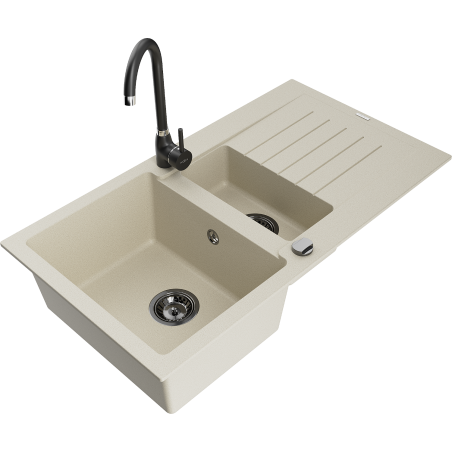 Mexen Matias Granitspüle 1,5-Becken mit Abtropffläche und Küchenarmatur Telma, beige - 6502-69-670200-70