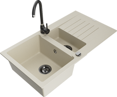 Mexen Matias granitspüle 1,5-kammern mit abtropfbrett und küchenarmatur Telma, beige - 6502-69-670200-70