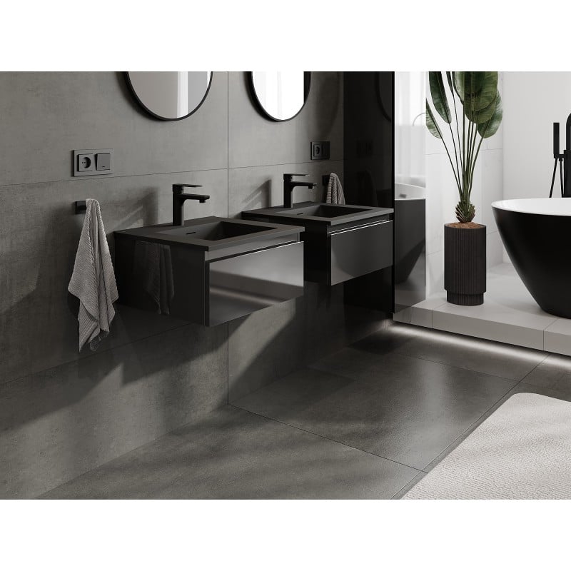 Mexen Orio Badezimmerschrank 50 cm mit Waschbecken Otis, 1 Schublade, schwarzer Glanz/schwarz matt - 91A10-05023-1-BF70-W18M71