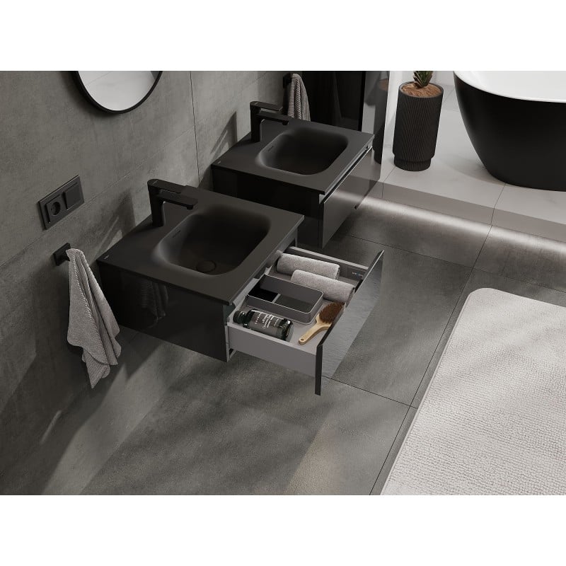 Mexen Orio Badezimmerschrank 50 cm mit Waschbecken Vela, 1 Schublade, Schwarz Glanz/Schwarz Matt - 91A10-05023-1-BF70-W23M71
