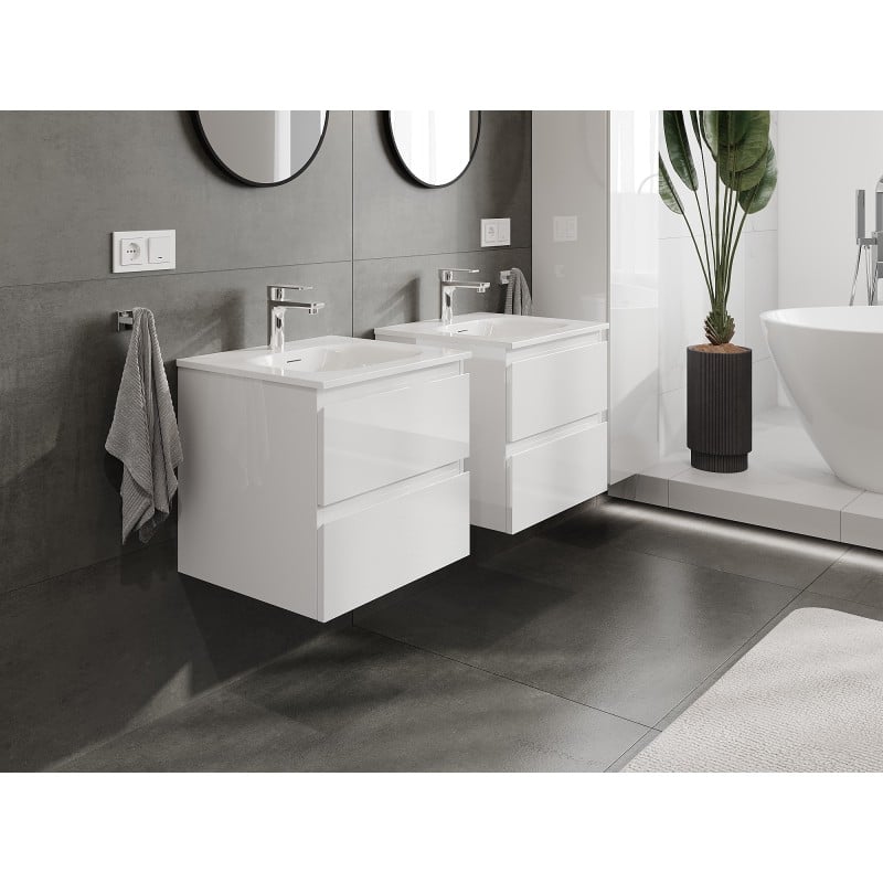Mexen Orio Badezimmerschrank 50 cm mit Waschbecken Vela, 2 Schubladen, Weiß Glanz - 91A10-05047-2-BFF00-W23M00