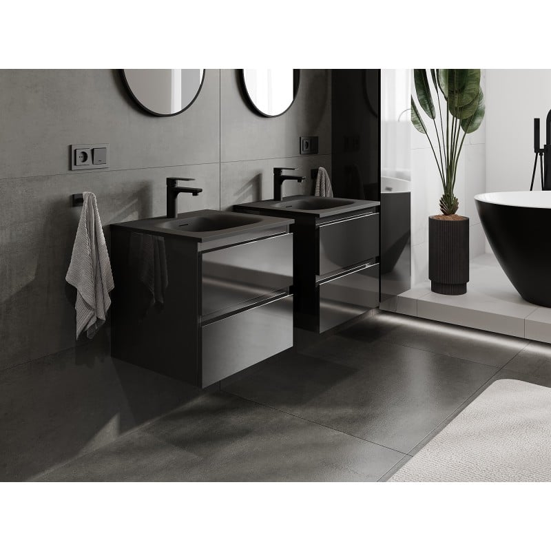 Mexen Orio Badschrank 50 cm mit Waschbecken Vela, 2 Schubladen, Schwarz Glanz/Schwarz Matt - 91A10-05047-2-BFF70-W23M71