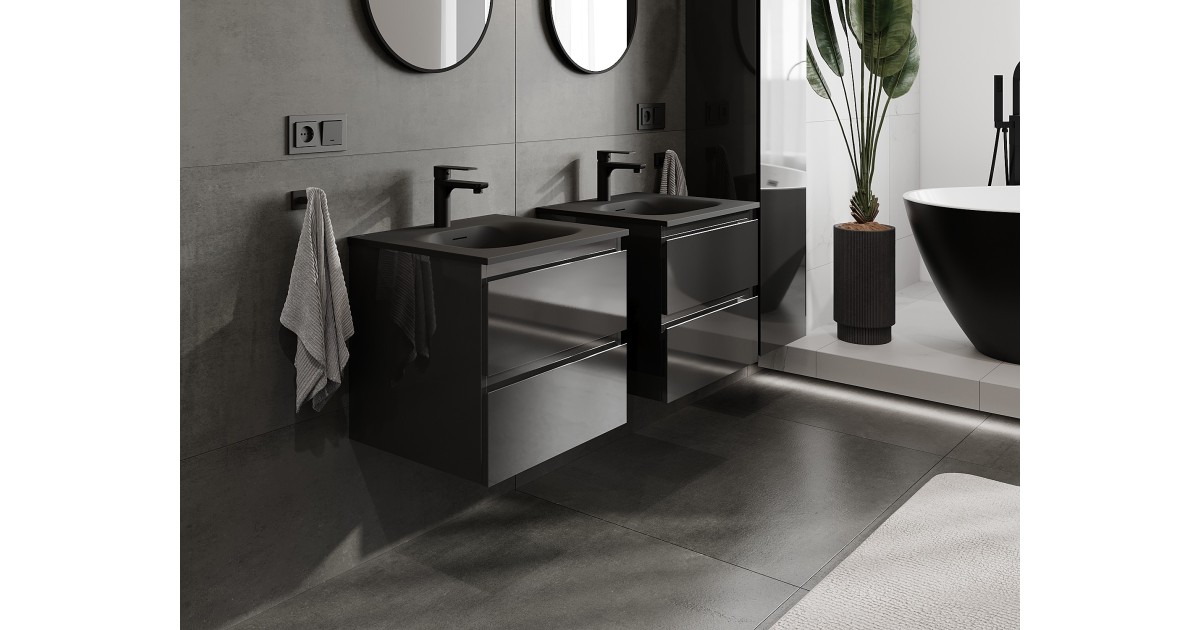 Mexen Orio Badschrank 50 cm mit Waschbecken Vela, 2 Schubladen, Schwarz Glanz/Schwarz Matt
