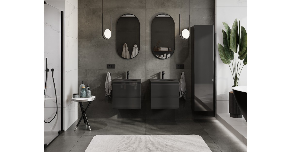 Mexen Orio Badschrank 50 cm mit Waschbecken Vela, 2 Schubladen, Schwarz Glanz/Schwarz Matt