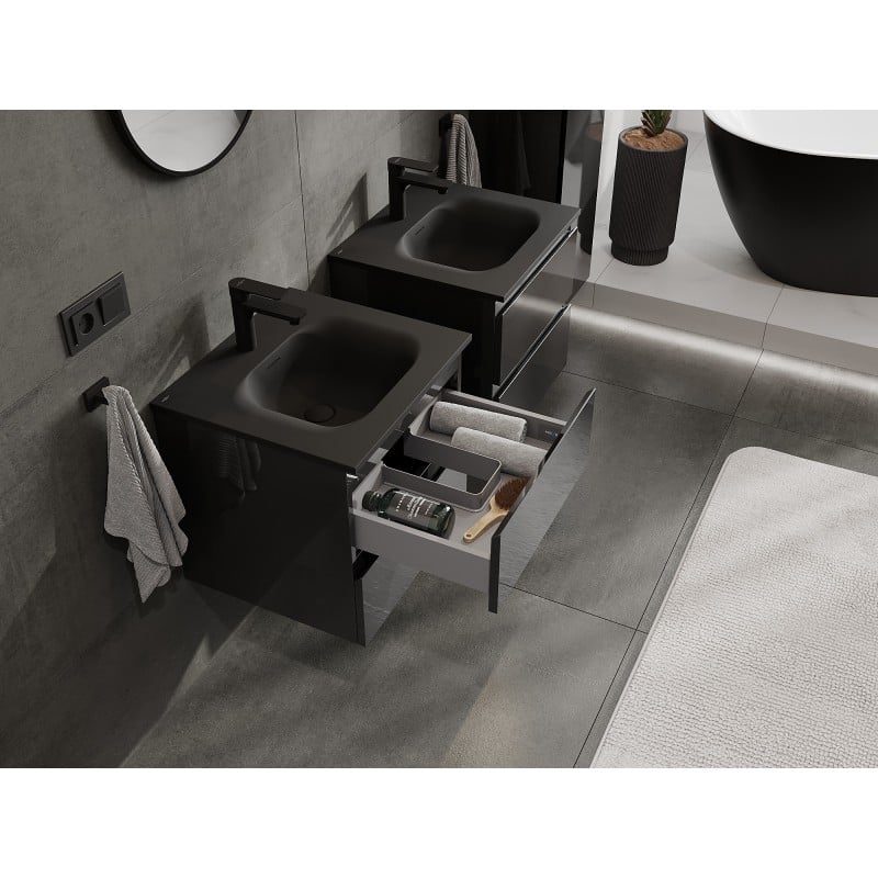 Mexen Orio Badschrank 50 cm mit Waschbecken Vela, 2 Schubladen, Schwarz Glanz/Schwarz Matt - 91A10-05047-2-BFF70-W23M71