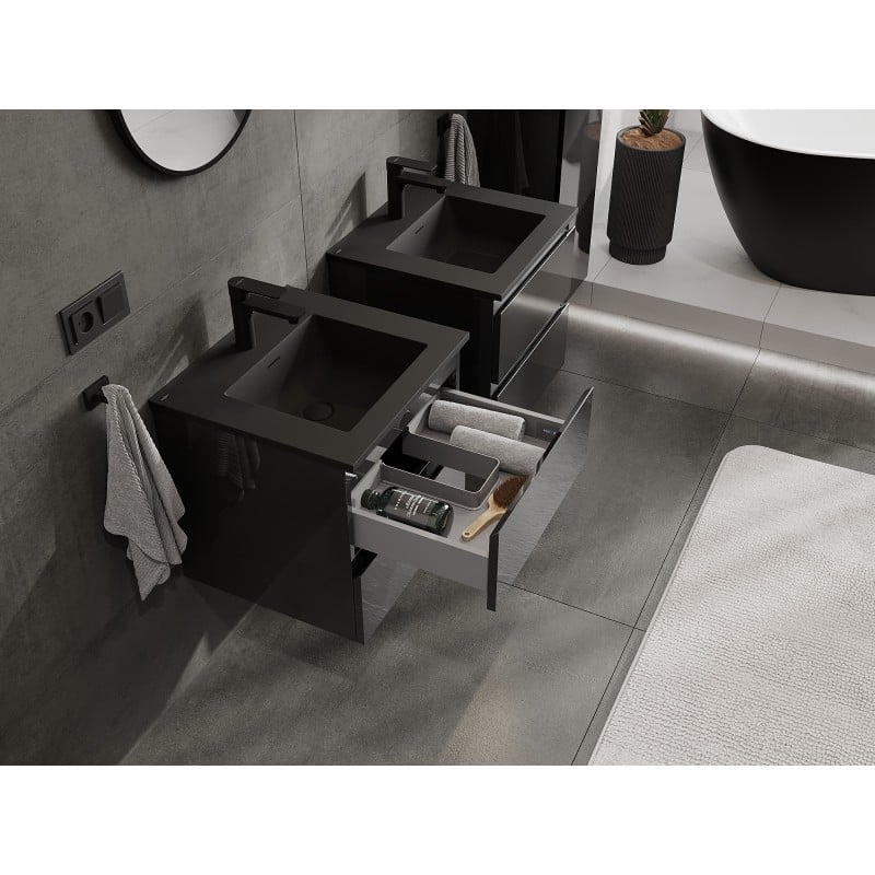 Mexen Orio Badezimmerschrank 50 cm mit Waschbecken Otis, 2 Schubladen, schwarz glänzend/schwarz matt