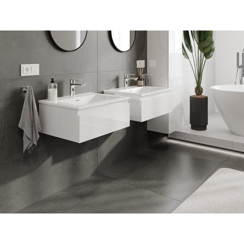 Mexen Orio Badezimmerschrank 60 cm mit Waschbecken Otis, 1 Schublade, weißer Glanz - 91A10-06023-1-BF00-W18M00