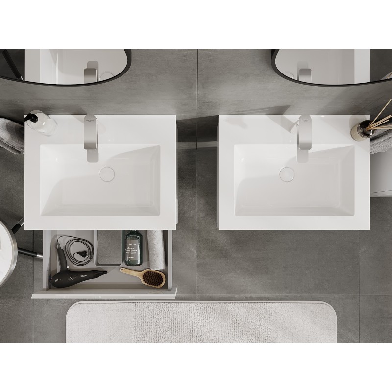 Mexen Orio Badezimmerschrank 60 cm mit Waschbecken Otis, 1 Schublade, weißer Glanz - 91A10-06023-1-BF00-W18M00