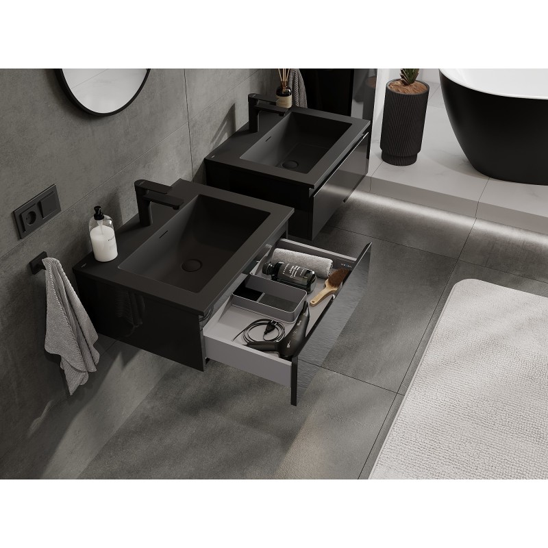 Mexen Orio Badezimmerschrank 60 cm mit Waschbecken Otis, 1 Schublade, schwarz glänzend/schwarz matt - 91A10-06023-1-BF70-W18M71