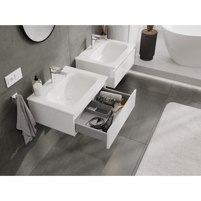 Mexen Orio Badezimmerschrank 60 cm mit Waschbecken Vela, 1 Schublade, weiß glänzend - 91A10-06023-1-BF00-W23M00