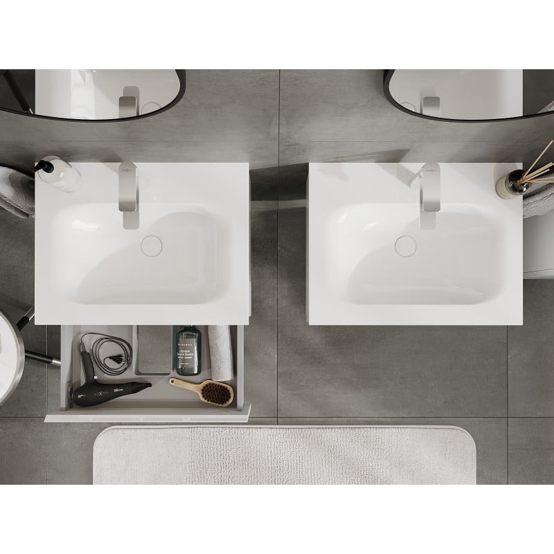 Mexen Orio Badezimmerschrank 60 cm mit Waschbecken Vela, 1 Schublade, weiß glänzend - 91A10-06023-1-BF00-W23M00
