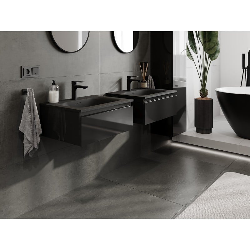 Mexen Orio Badezimmerschrank 60 cm mit Waschbecken Vela, 1 Schublade, schwarz glänzend/schwarz matt - 91A10-06023-1-BF70-W23M71