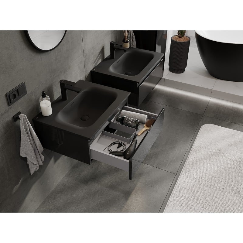 Mexen Orio Badezimmerschrank 60 cm mit Waschbecken Vela, 1 Schublade, schwarz glänzend/schwarz matt - 91A10-06023-1-BF70-W23M71