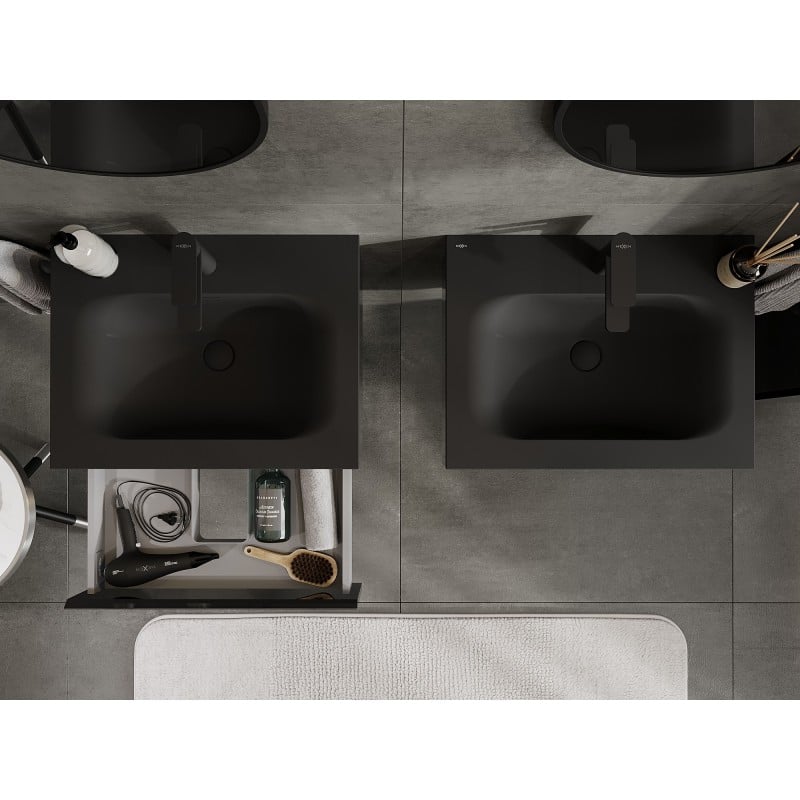 Mexen Orio Badezimmerschrank 60 cm mit Waschbecken Vela, 1 Schublade, schwarz glänzend/schwarz matt - 91A10-06023-1-BF70-W23M71