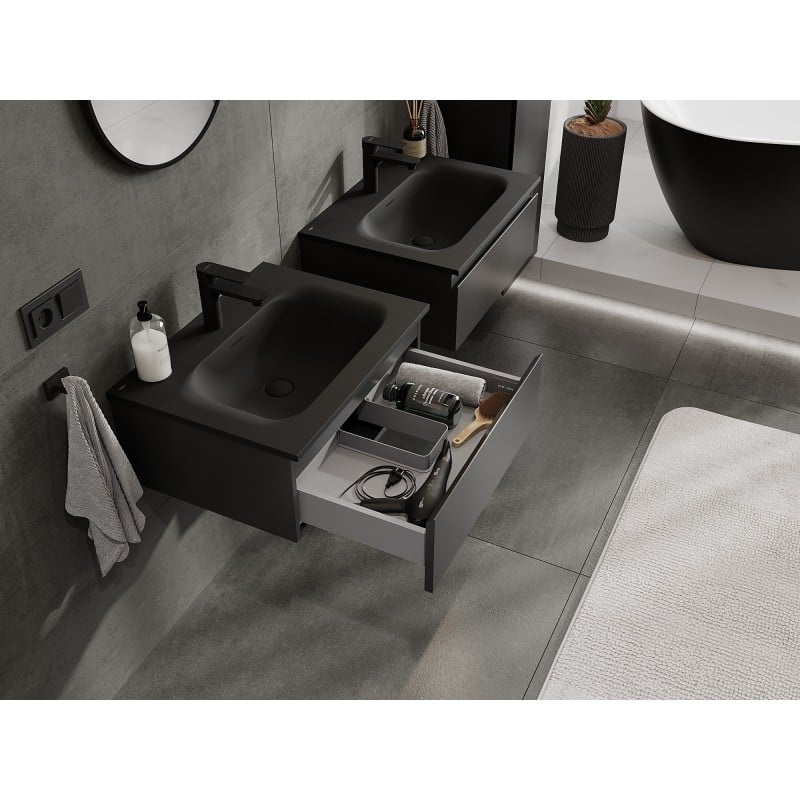 Mexen Orio 60 cm Badezimmerschrank mit Waschbecken Vela, 1 Schublade, Schwarz Matt - 91A10-06023-1-BF71-W23M71