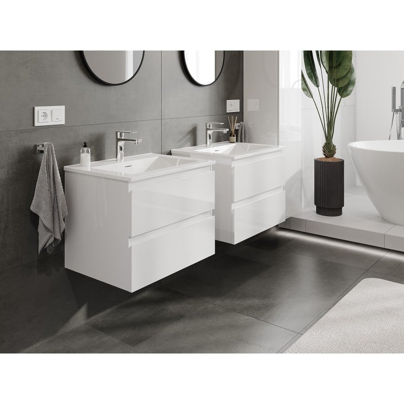 Mexen Orio Badezimmerschrank 60 cm mit Waschbecken Otis, 2 Schubladen, weiß hochglanz - 91A10-06047-2-BFF00-W18M00
