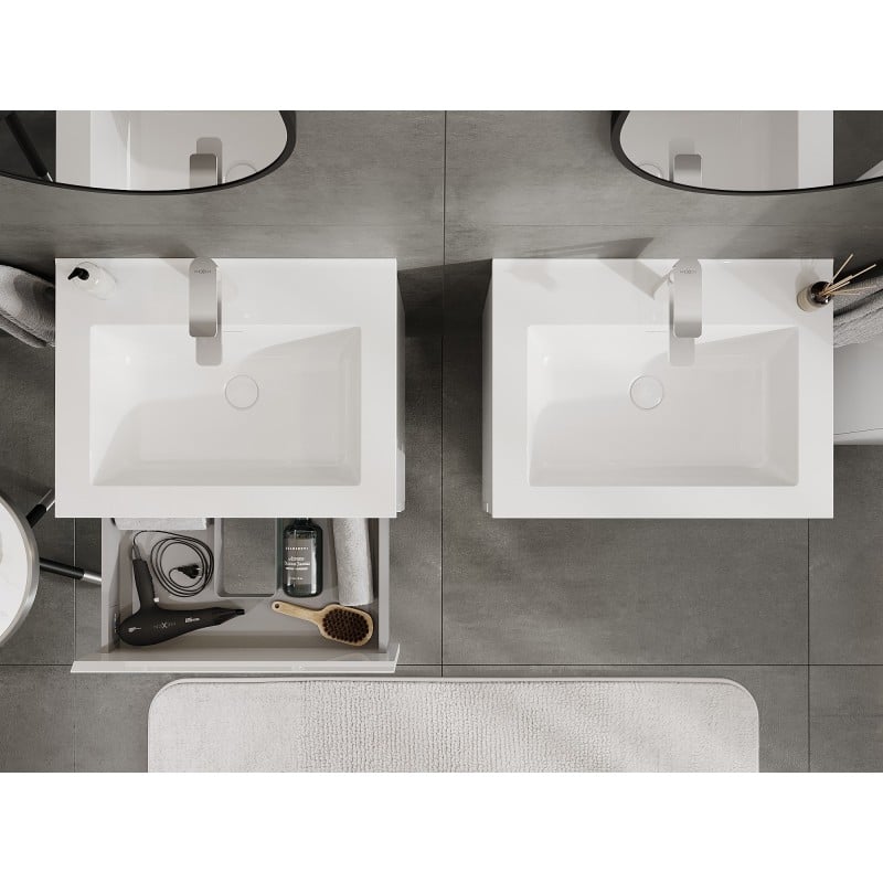 Mexen Orio Badezimmerschrank 60 cm mit Waschbecken Otis, 2 Schubladen, weiß hochglanz - 91A10-06047-2-BFF00-W18M00