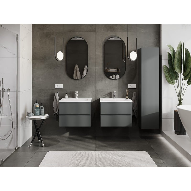 Mexen Orio Badezimmerschrank 60 cm mit Waschbecken Otis, 2 Schubladen, Graphit matt/weiß matt - 91A10-06047-2-BFF66-W18M01