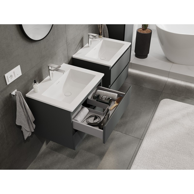 Mexen Orio Badezimmerschrank 60 cm mit Waschbecken Otis, 2 Schubladen, Graphit matt/weiß matt - 91A10-06047-2-BFF66-W18M01