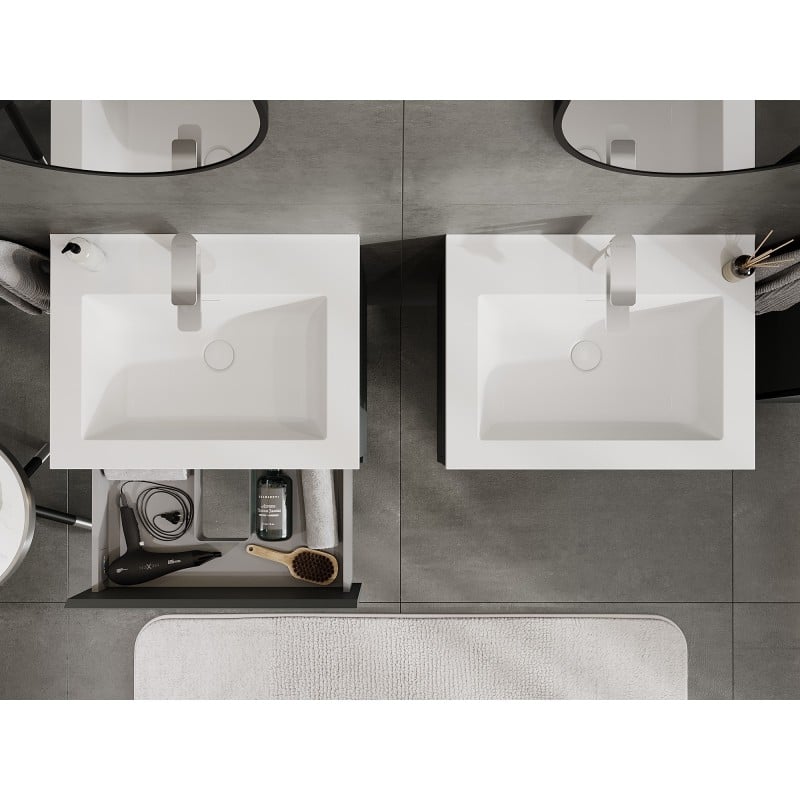 Mexen Orio Badezimmerschrank 60 cm mit Waschbecken Otis, 2 Schubladen, Graphit matt/weiß matt - 91A10-06047-2-BFF66-W18M01