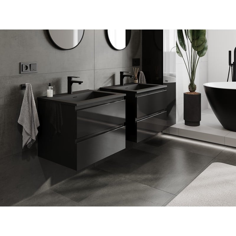 Mexen Orio Badezimmerschrank 60 cm mit Waschbecken Otis, 2 Schubladen, Schwarz glänzend/Schwarz matt