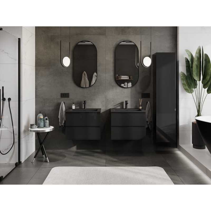 Mexen Orio Badezimmerschrank 60 cm mit Waschbecken Otis, 2 Schubladen, Schwarz glänzend/Schwarz matt
