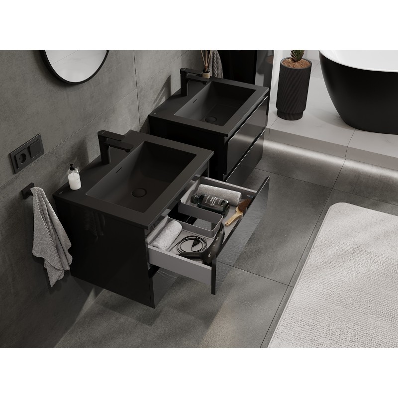 Mexen Orio Badezimmerschrank 60 cm mit Waschbecken Otis, 2 Schubladen, Schwarz glänzend/Schwarz matt