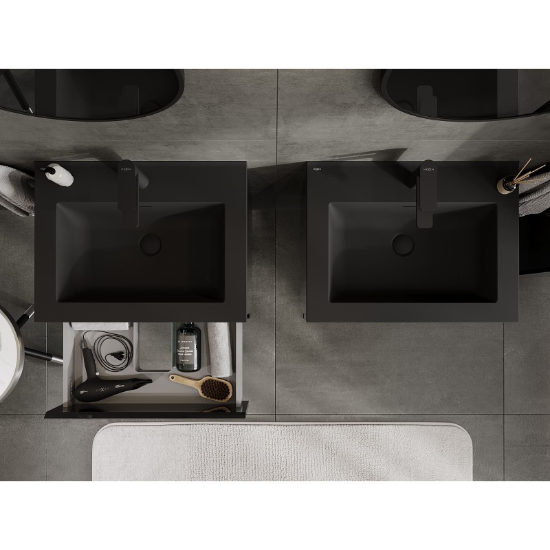 Mexen Orio Badezimmerschrank 60 cm mit Waschbecken Otis, 2 Schubladen, Schwarz glänzend/Schwarz matt
