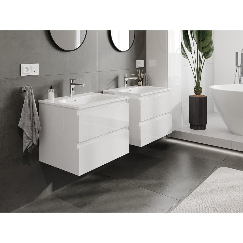 Mexen Orio Badezimmerschrank 60 cm mit Waschbecken Vela, 2 Schubladen, weiß glänzend - 91A10-06047-2-BFF00-W23M00