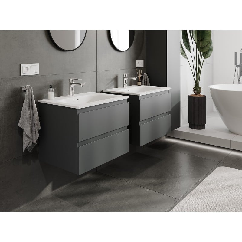 Mexen Orio Badezimmerschrank 60 cm mit Waschbecken Vela, 2 Schubladen, Graphit Matt/Weiß Matt - 91A10-06047-2-BFF66-W23M01