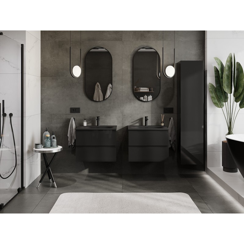 Mexen Orio Badezimmerschrank 60 cm mit Waschbecken Vela, 2 Schubladen, Schwarz Glanz/Schwarz Matt - 91A10-06047-2-BFF70-W23M71