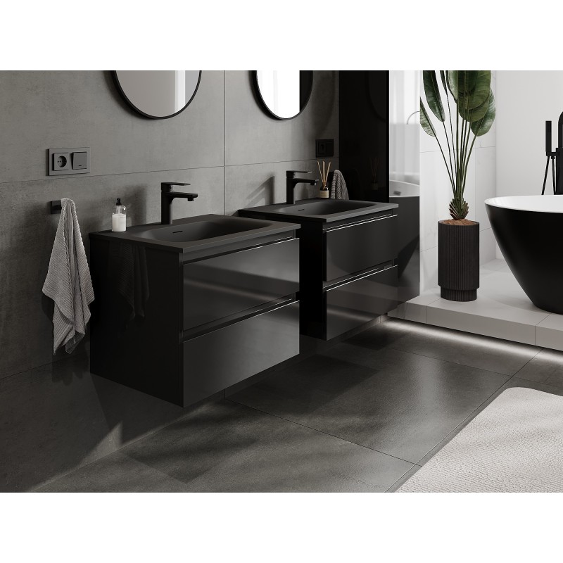 Mexen Orio Badezimmerschrank 60 cm mit Waschbecken Vela, 2 Schubladen, Schwarz Glanz/Schwarz Matt - 91A10-06047-2-BFF70-W23M71