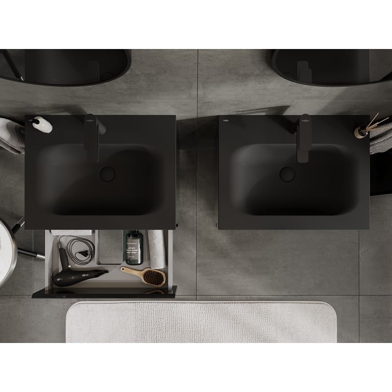 Mexen Orio Badezimmerschrank 60 cm mit Waschbecken Vela, 2 Schubladen, Schwarz Glanz/Schwarz Matt - 91A10-06047-2-BFF70-W23M71