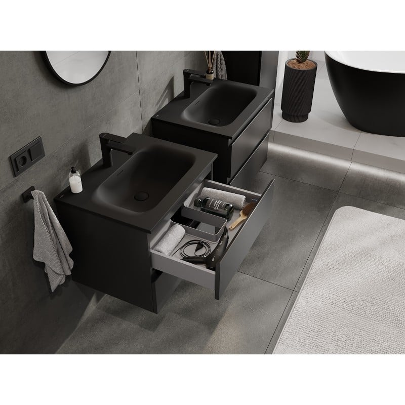 Mexen Orio Badezimmerschrank 60 cm mit Waschbecken Vela, 2 Schubladen, schwarz matt - 91A10-06047-2-BFF71-W23M71