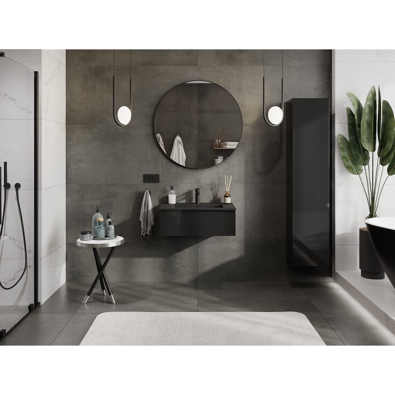 Mexen Orio Badezimmerschrank 70 cm mit Waschbecken Otis, 1 Schublade, schwarz glänzend/schwarz matt - 91A10-07023-1-BF70-W18M71