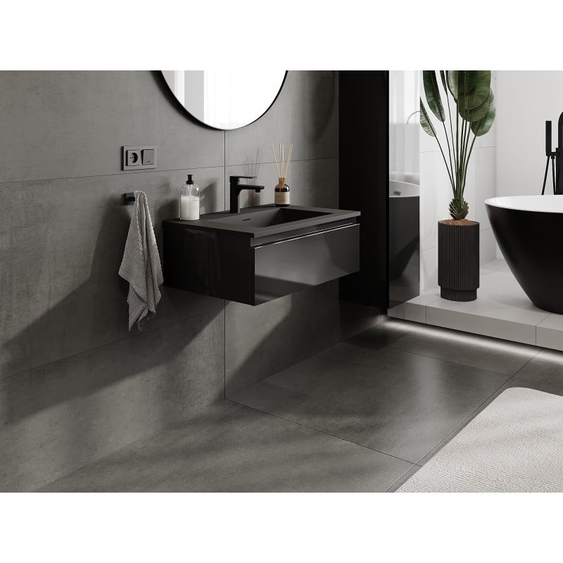 Mexen Orio Badezimmerschrank 70 cm mit Waschbecken Otis, 1 Schublade, schwarz glänzend/schwarz matt - 91A10-07023-1-BF70-W18M71